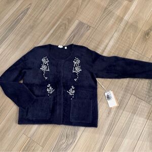 Cyrus Midnight Blue Fuzzy Sweater Cardigan Rhinestone Jeweled embellishment
